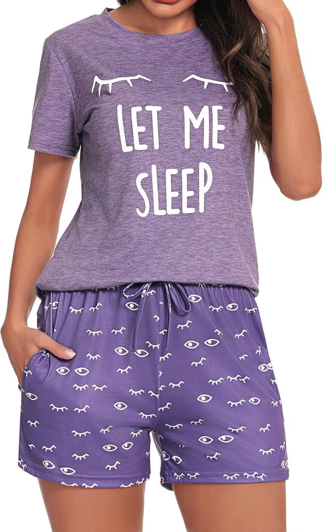 Detalle de Uniexcosm Damen Schlafanzug Kurzarm aus Baumwolle (95% Baumwolle + 5% Elasthan) – zweiteiliges Pyjama-Set mit Katzenprint