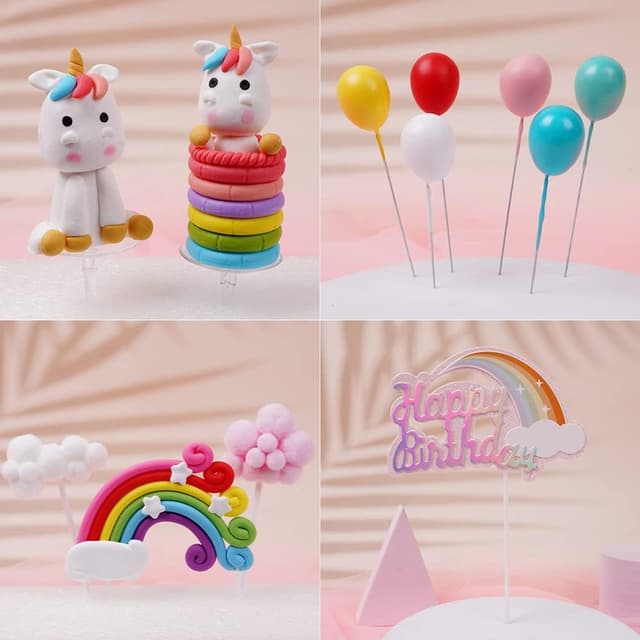 Detalle 2 de OSDUE Einhorn Tortendeko Geburtstag – Regenbogen, Wolke & Ballons als Kuchen-Topper