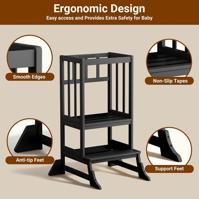 Detalle 2 de COSYLAND Toddler Kitchen Step Stool Height Adjustable (Black) – Learning Tower for Kitchen & Bathroom Counters