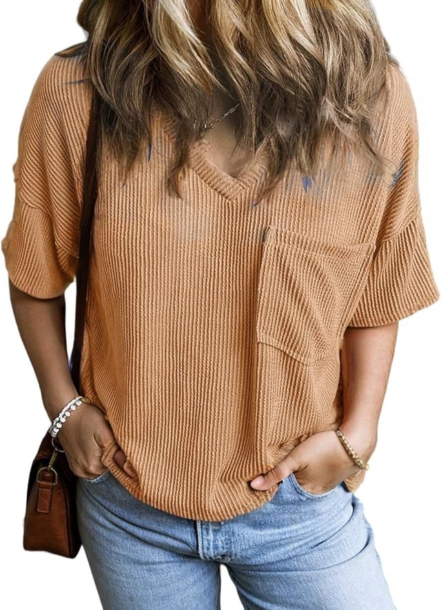 Detalle de GLEENOD Damen T-Shirt mit V-Ausschnitt, Kurzarm und Tasche – locker-oversize für Sommer-Looks