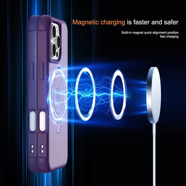 Detalle de CHAOFEnG Magnetic iPhone 16 Pro Case with Metal Ring Stand (Purple) — Military-Grade Drop-Tested, Magnet Compatible