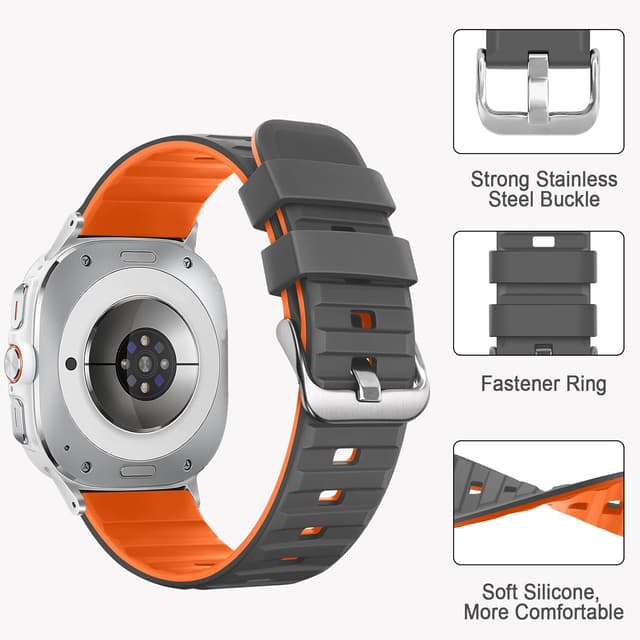 Detalle 2 de Tasikar No Gap Bands sport silicone strap for Samsung Galaxy Watch Ultra 47mm (2024/2025) – Grey Orange
