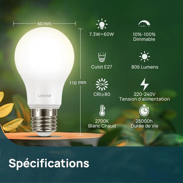 Detalle 2 de Lot de 3 ampoules LED Linkind Ampoule Edison A60 E27 dimmable 7,3 W (équiv. 60 W) blanc chaud 2700 K