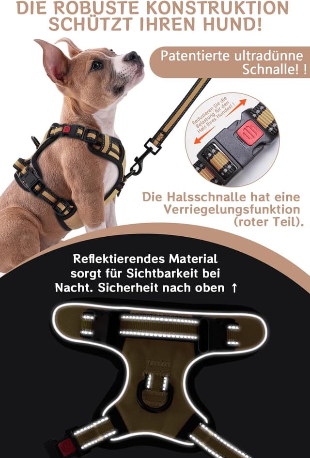 Detalle de BaoCheng Hundegeschirr Anti-Zug-Hundegürtel für kleine bis große Hunde (Khaki) – atmungsaktives Mesh, 3 Schnallen, reflektierend