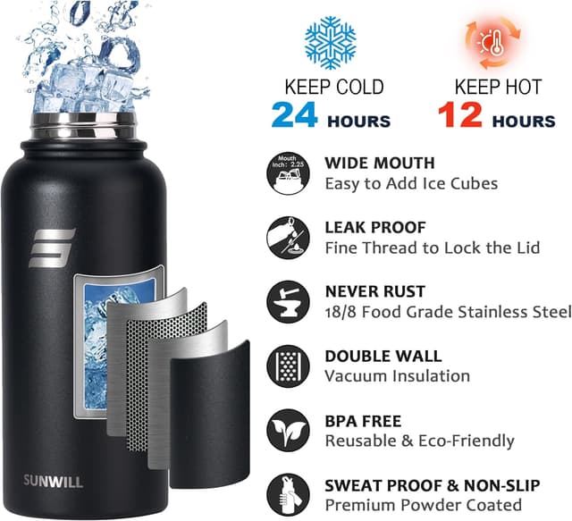 Detalle de SUNWILL 1L insulated stainless steel water bottle with straw, two lids and leakproof design (black)