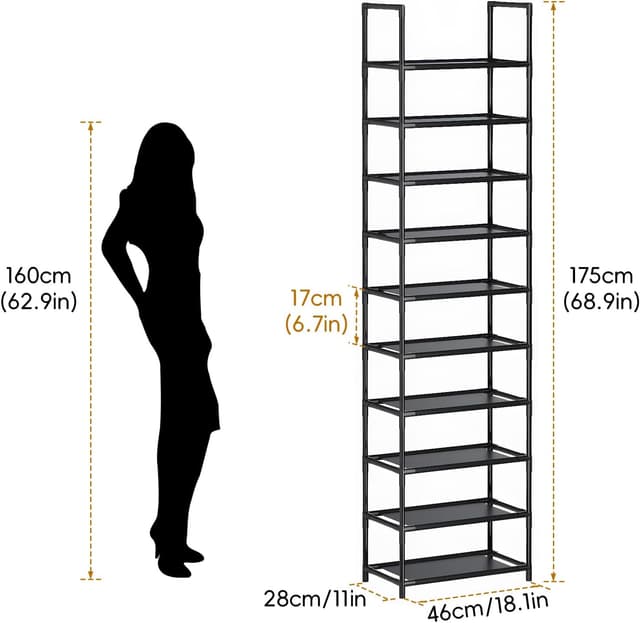 Detalle de barsone 10-Tier Metal Shoe Rack (20–25 Pairs) – Stackable shoe storage for narrow entryways