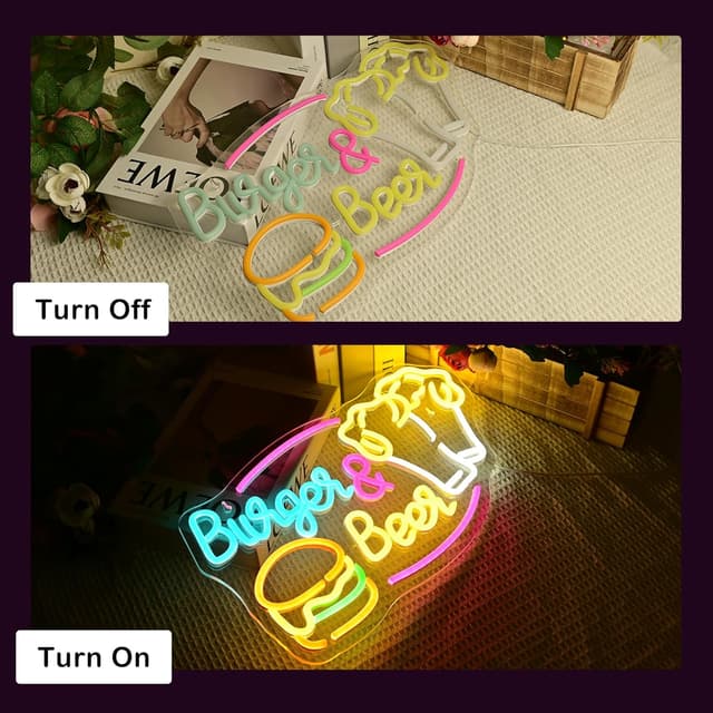 Detalle de LUCUNSTAR „Burger & Beer“ Neon Schild mit USB-Dimmer – Wanddeko für Bar, Restaurant & Küche