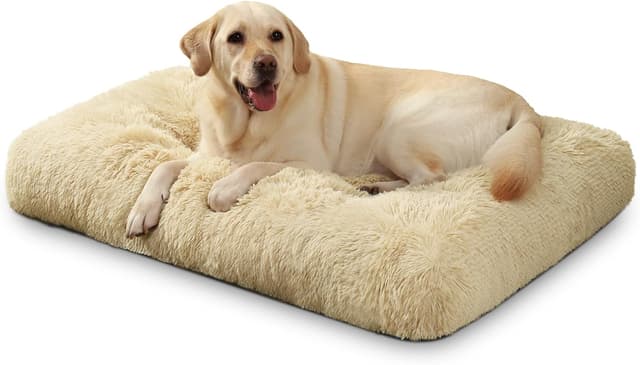 Detalle de KSIIA Extra Large Calming Dog Crate Bed (XL) – Fluffy Washable Mattress, Anti-Skid Base, Beige 105x70cm