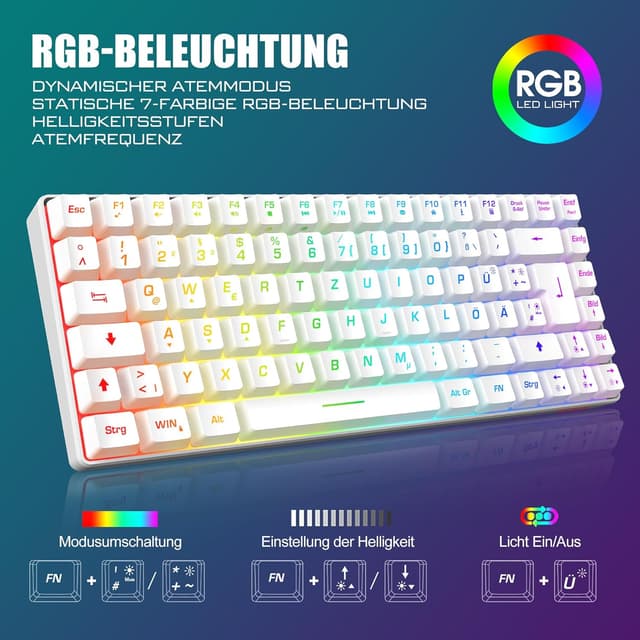 Detalle 2 de RedThunder 75% kabelloses Gaming-Tastatur-und-Maus-Set (QWERTZ) inkl. wiederaufladbarem Akku – 2,4-GHz, 85 Tasten, Weiß