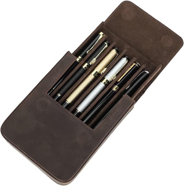 Detalle de Hiram leather pen box for 6 pens with hidden magnetic snap closure (coffee)