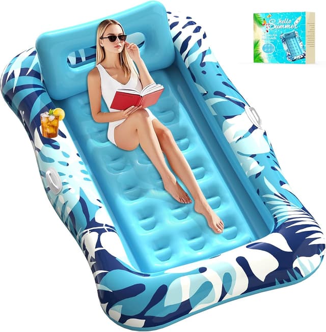 Detalle de Pool Floats Adult XL Inflatable Tanning Pool Lounger Float (76" x 48") with Pillow, Cup Holder & Repair Patches