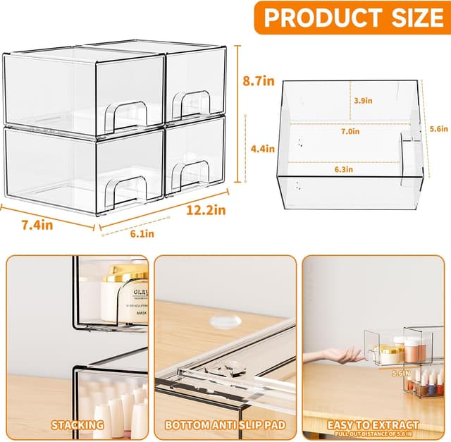 Detalle de Yieach 4 Pack Clear Stackable Storage Drawers