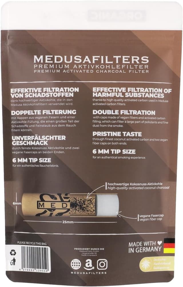 Thumbnail 6 de Medusafilters Organic Edition: 250 Slim-Aktivkohlefilter (6 mm Ø) mit veganen Fasercaps & Kokos-Aktivkohle
