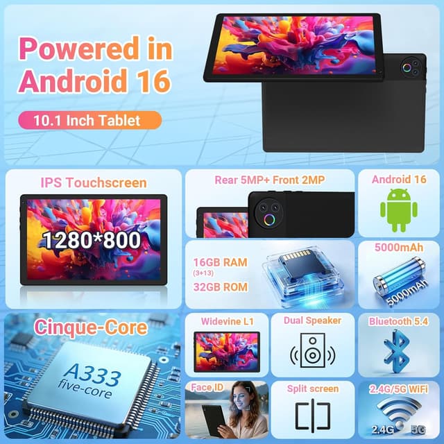 Detalle de Gleeso 10-inch Android 16 Tablet (16GB RAM, 1TB TF, Widevine L1, BT 5.4/5G WiFi) with Face Unlock – Black