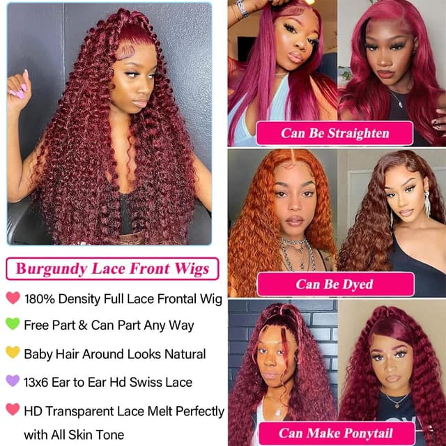 Detalle de KRKRYQ 30 Inch 99J Burgundy Deep Wave 13x6 HD Lace Front Human Hair Wig (180% Density)