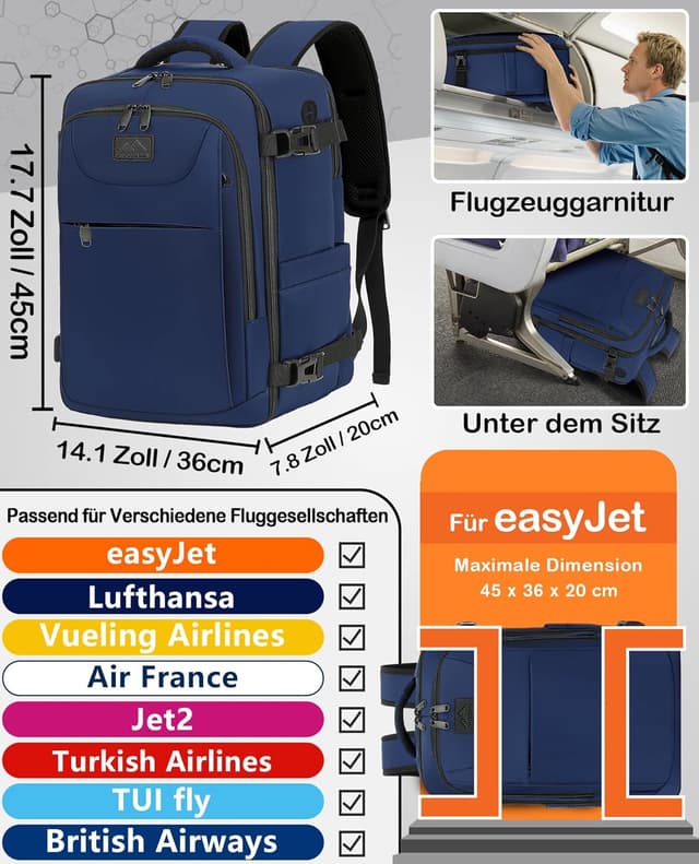 Detalle 2 de LYNXCHER Easyjet Handgepäck 45x36x20 30L Laptop Rucksack