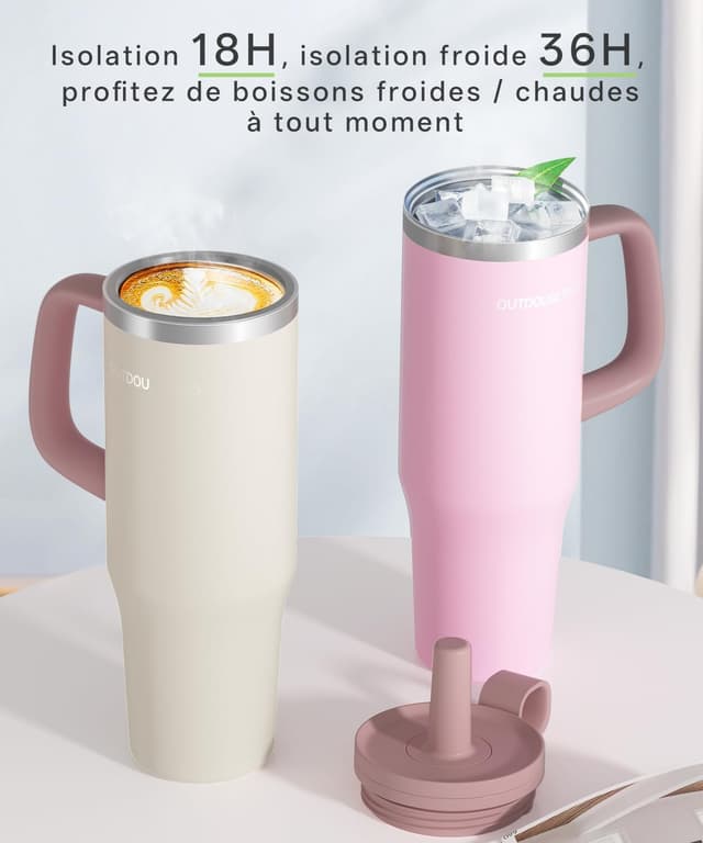 Detalle de Mug Isotherme Isotherme avec paille et poignée 1200 ml, couvercle étanche (beige)