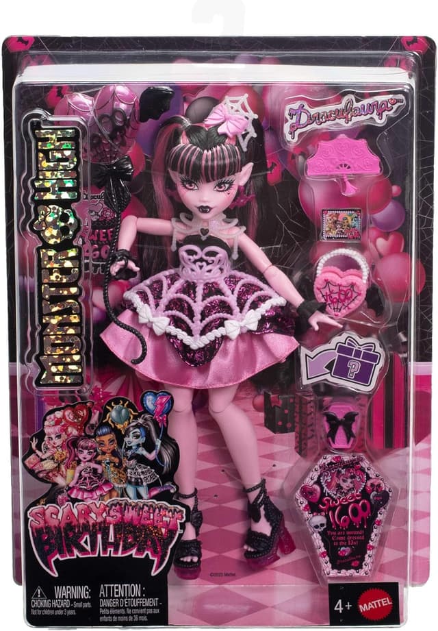 Detalle de Monster High Scary Sweet Birthday-Puppe – Draculaura im rosa Partykleid mit Zubehör JBG74