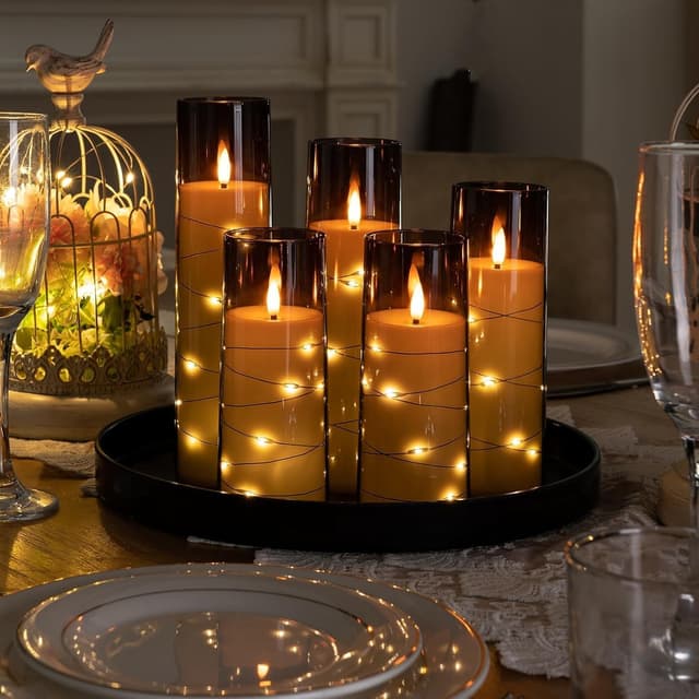 Detalle de Homemory Flickering Flameless Candles with String Lights (Set of 5) with Remote & Timer, Grey acrylic