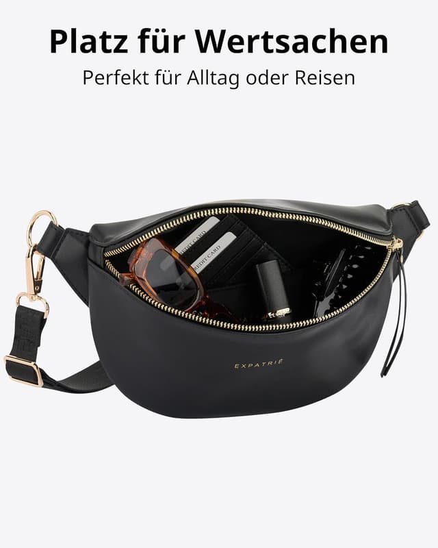 Detalle de Expatrié Alice Small Bauchtasche für Damen – schwarz, veganes Kunstleder, wasserabweisend