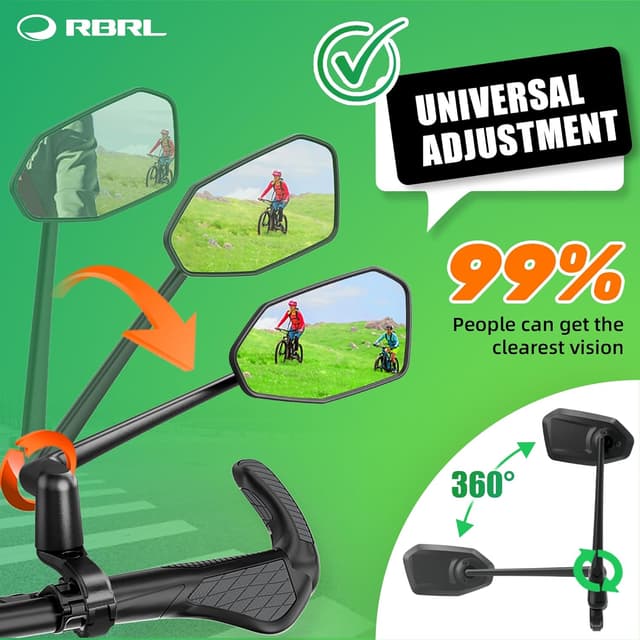 Detalle de RBRL Bike Mirror for Ebike, Aluminium Alloy Handlebar Mount Rear View (Right) – Anti-shake, Foldable HD Glass