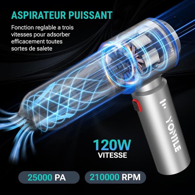Detalle 2 de Aspirateur à main sans fil 25000 Pa / 120 W – mini aspirateur voiture avec moteur sans brosse et 3 vitesses