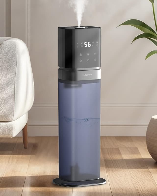 Detalle de YOKEKON 8L Cool Mist Humidifier for Large Rooms (Top Fill, 360° Nozzle, Essential Oil Tray, 5 LED Lights, 12H Timer) — Blue