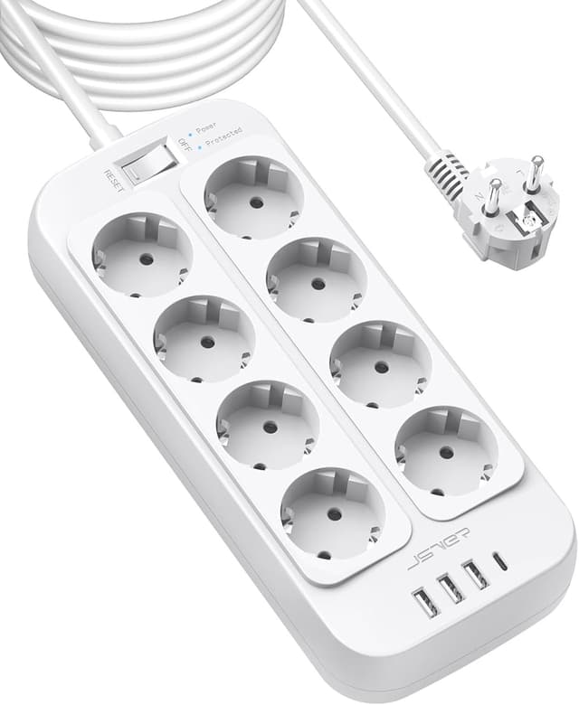 Detalle de JSVER Steckdosenleiste 5 m (8-fach) mit 4 USB und Überspannungsschutz – Schalter, Wandmontage, Weiß