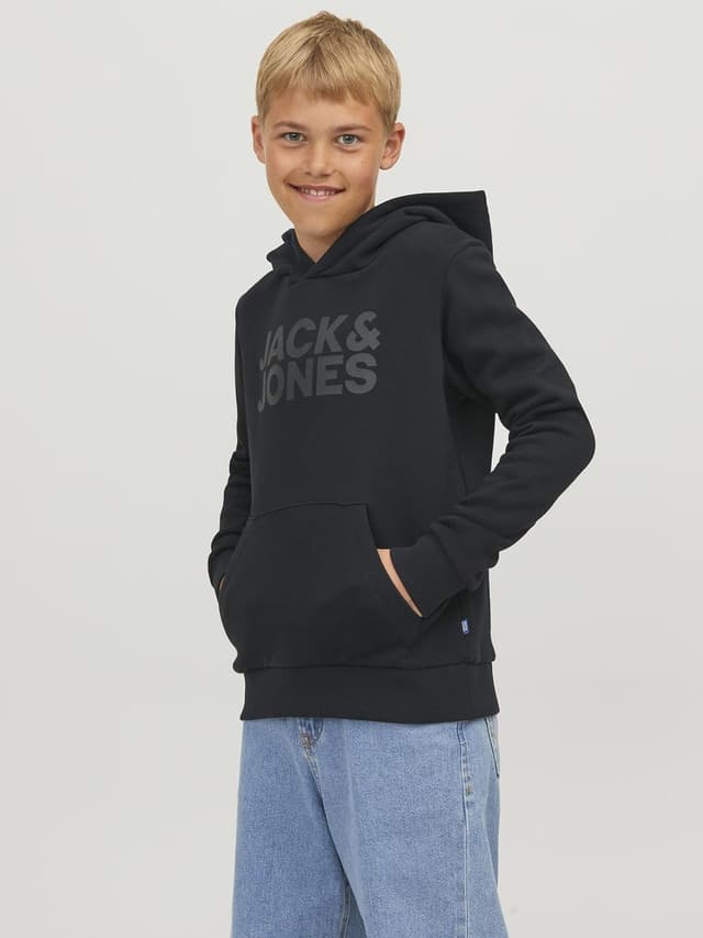 Detalle 2 de Jack & Jones Junior felpa con cappuccio Logo Hoodie Junior – nera e blu scuro