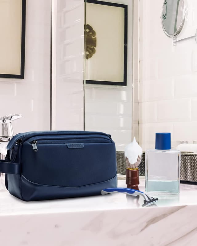 Detalle de BAGSMART Kulturbeutel für Herren (Kulturtasche Organizer) aus wasserabweisendem PU-Leder – Dopp Kit in Marineblau