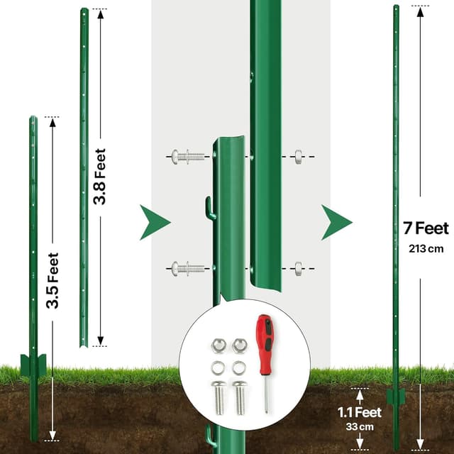 Detalle 2 de Thealyn 7 ft (213 cm) U fence posts, pack of 10 – galvanised steel for 5 ft wire fence mesh