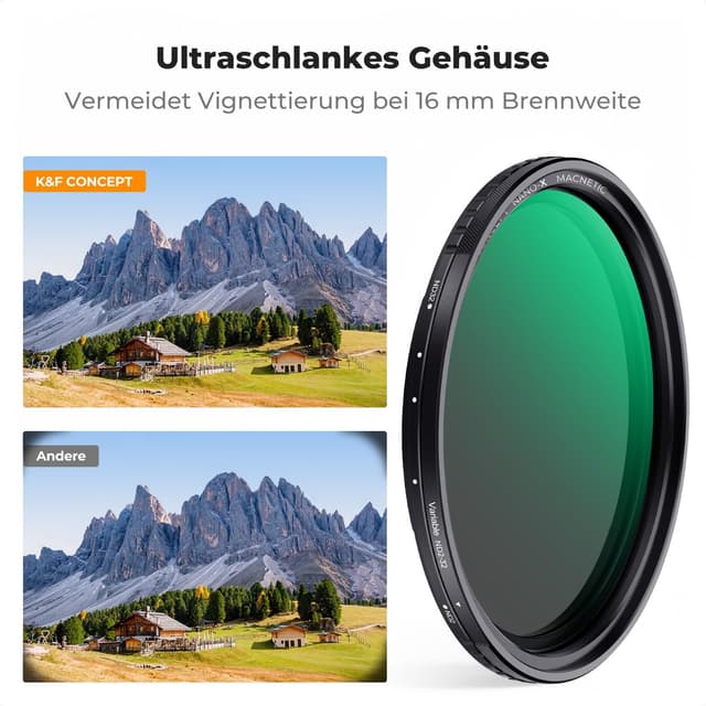 Detalle de K&F CONCEPT Magnetischer Variabler Graufilter ND2–32, 72 mm (Nano-Xcel, 1–5 Blendenstufen) mit Magnet-Objektivadapter