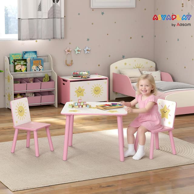 Detalle de AIYAPLAY Table enfant avec 2 chaises en bois (ensemble 3 pièces) motifs d’étoiles, rose, 3 à 8 ans