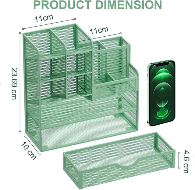 Detalle 2 de Marbrasse Netz Schreibtisch-Organizer mit Schublade (grün) – Stiftehalter & Aufbewahrung für Büro, Schule und Zuhause