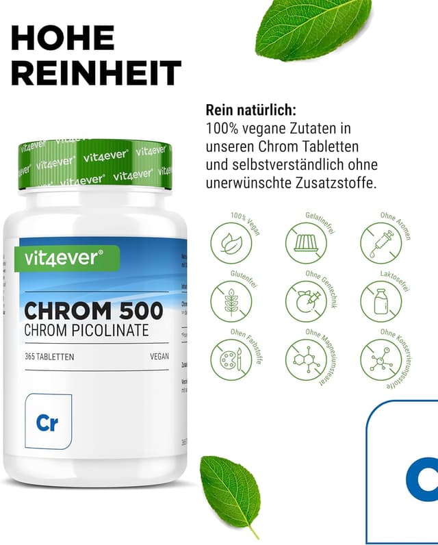 Detalle de vit4ever Chrom aus Chromium Picolinate extra hochdosiert – 500 mcg pro Tablette, 365 Tabletten (vegan)
