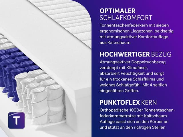 Detalle de Traumnacht Exklusiv 7-Zonen 1.000er Tonnentaschenfederkernmatratze H3 (100 x 200 cm) – Testurteil „Gut“ 10/2023