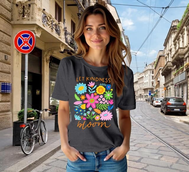 Detalle 2 de Qskall Women’s “Flora Be Kind” T-shirt – Let Kindness Bloom inspirational floral tee