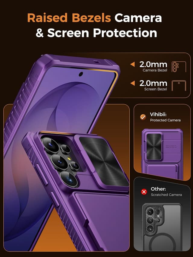 Detalle de Vihibii Galaxy S26 Ultra case wallet with RFID card holder (up to 4/5 cards) and slide camera lens cover, Dark Purple