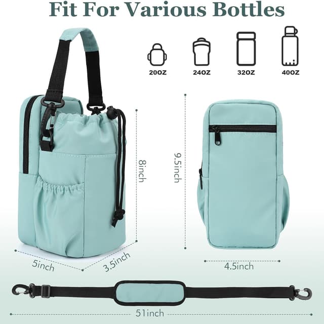 Detalle de RZMAYIS 32/40oz insulated water bottle carrier bag with phone pocket (Green) — crossbody sling for hiking & walking
