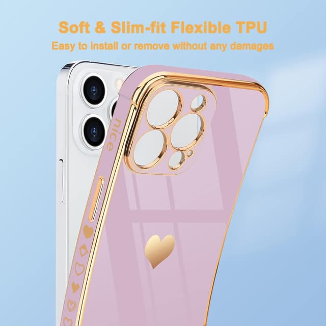 Detalle de Urarssa iPhone 14 Pro case in purple with bling heart design and shockproof bumper