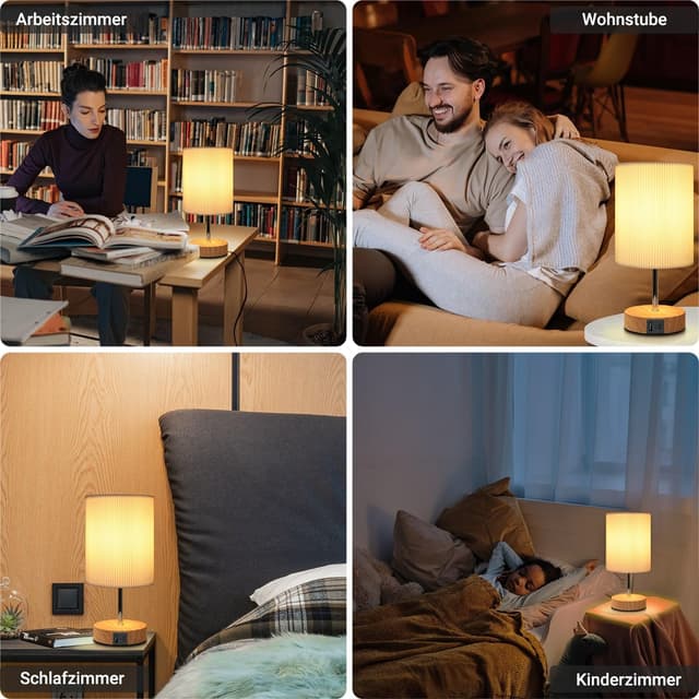 Detalle de HSLighting Touch-dimmbare Nachttischlampe mit USB A+C Schnellladen (E14 LED, 3 Helligkeitsstufen) – 2er-Set