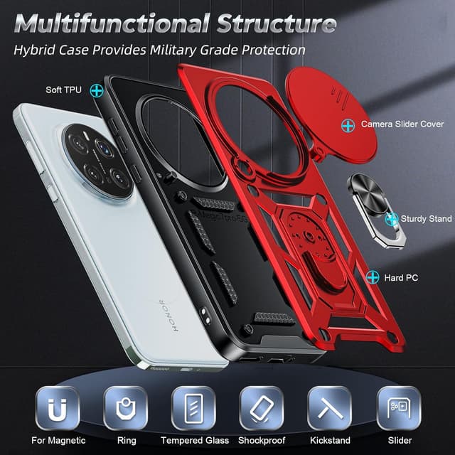 Detalle de LeYi Military Shockproof Case for Honor Magic 7 Pro 5G with Sliding Camera Lens Cover and 360° Ring Stand (Red)