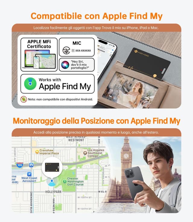 Detalle 2 de NOVOO Wallet Tracker Card con ricarica wireless: localizzatore Bluetooth per iPhone (solo iOS) con Apple Find My