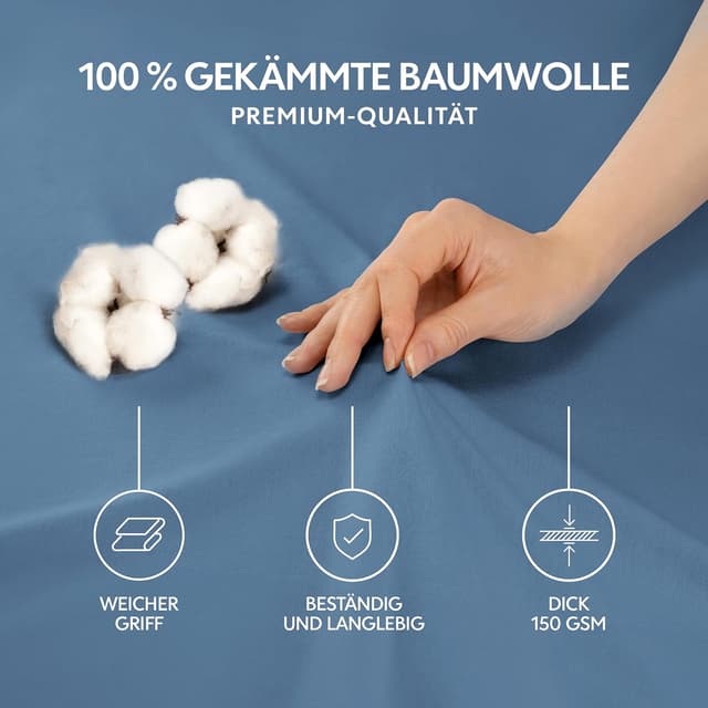 Detalle 2 de Dreamzie Premium Spannbettlaken 180x200 cm (Jersey Baumwolle bis 27 cm Matratzenhöhe) – Blau