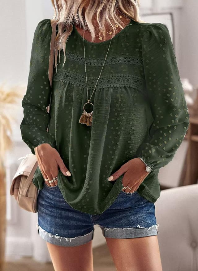 Detalle de TUUHAW Langarmshirt Damen mit Rundhals und Häkelapplikation – Boho-Tunika für Frühling, Herbst und Winter