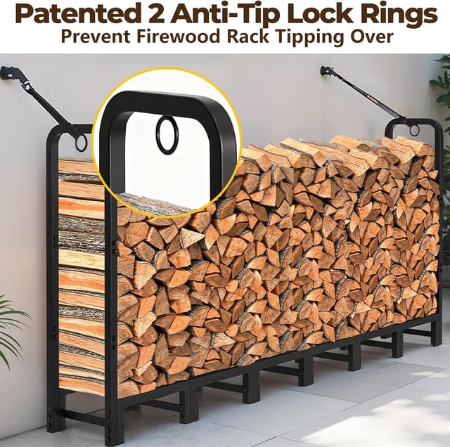 Detalle de Amagabeli 8ft outdoor firewood log rack (244cm x 36cm x 121cm) heavy-duty metal log holder