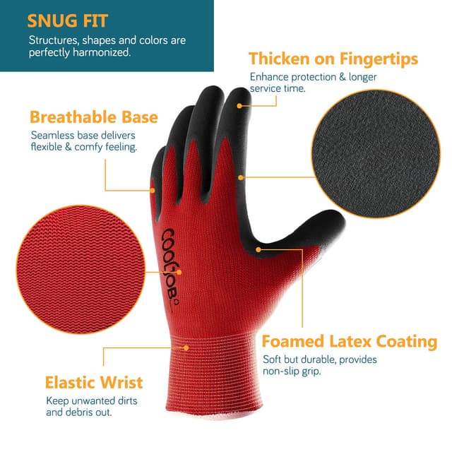 Detalle 2 de COOLJOB 6 Paar Gartenhandschuhe für Herren mit rutschfester Latex-Beschichtung, schwarz/rot, Größe 9/L