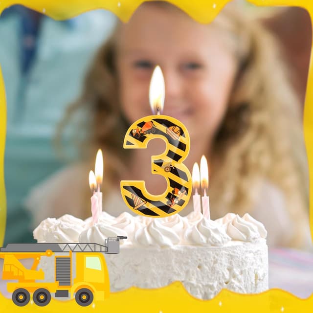 Detalle de Hongplus 3D Construction Birthday Candle No. 3 cake topper (yellow and white stripes)