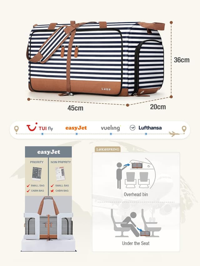Detalle 2 de Lekesky Reisetasche Damen 45x36x20 (Easyjet Handgepäck) – faltbare Weekender-Tasche mit Schuhfach, 30L, wasserdicht (blau gestreift)