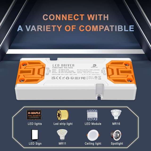 Detalle de DUSKTEC 24V LED Driver 15W (630mA) low-voltage transformer, AC 240V to DC 24V for LED strip lights & MR11/MR16 bulbs